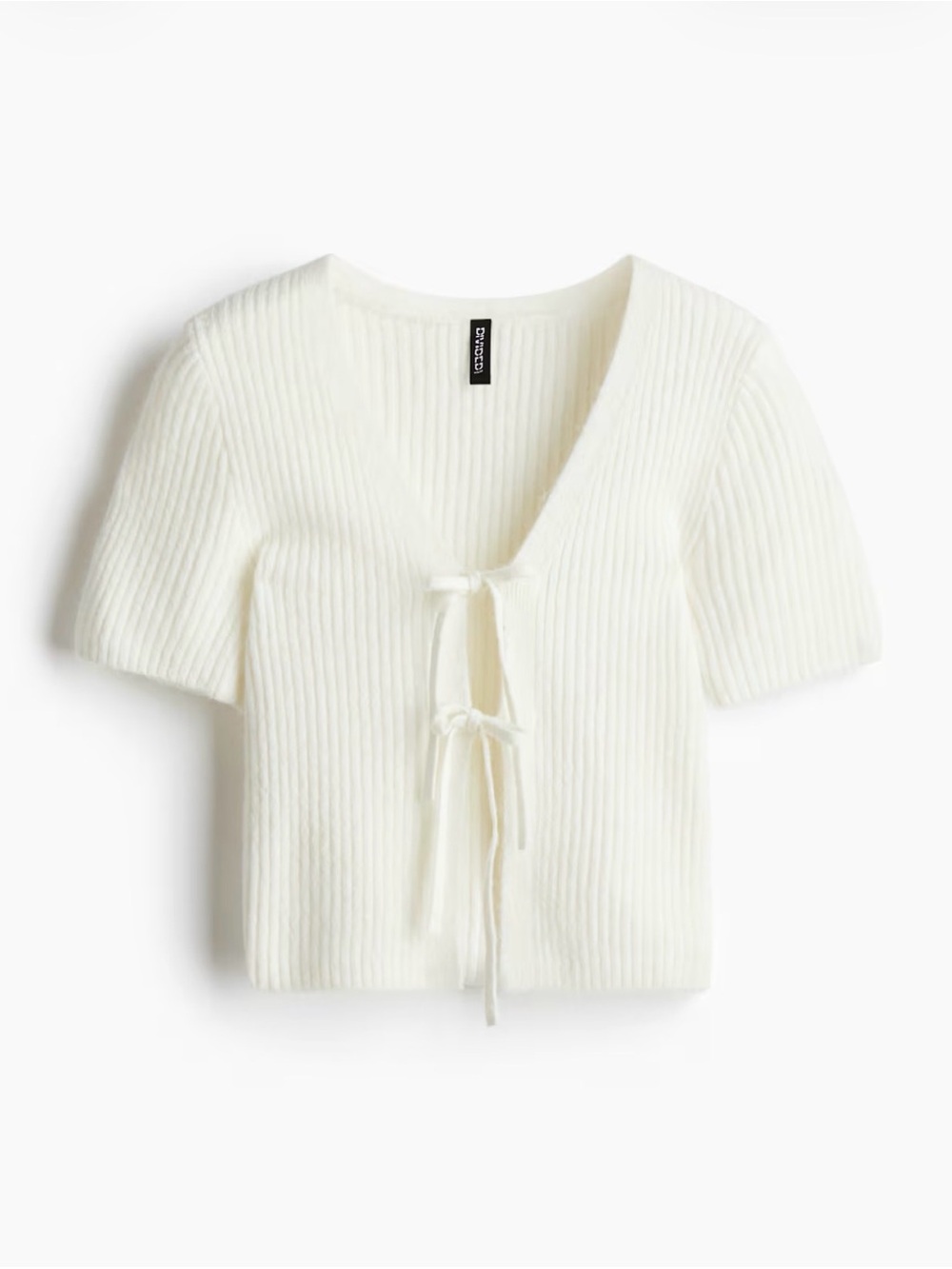 H&M Ivory Ribbed Knit Tie-Front Short Sleeve Crop Top